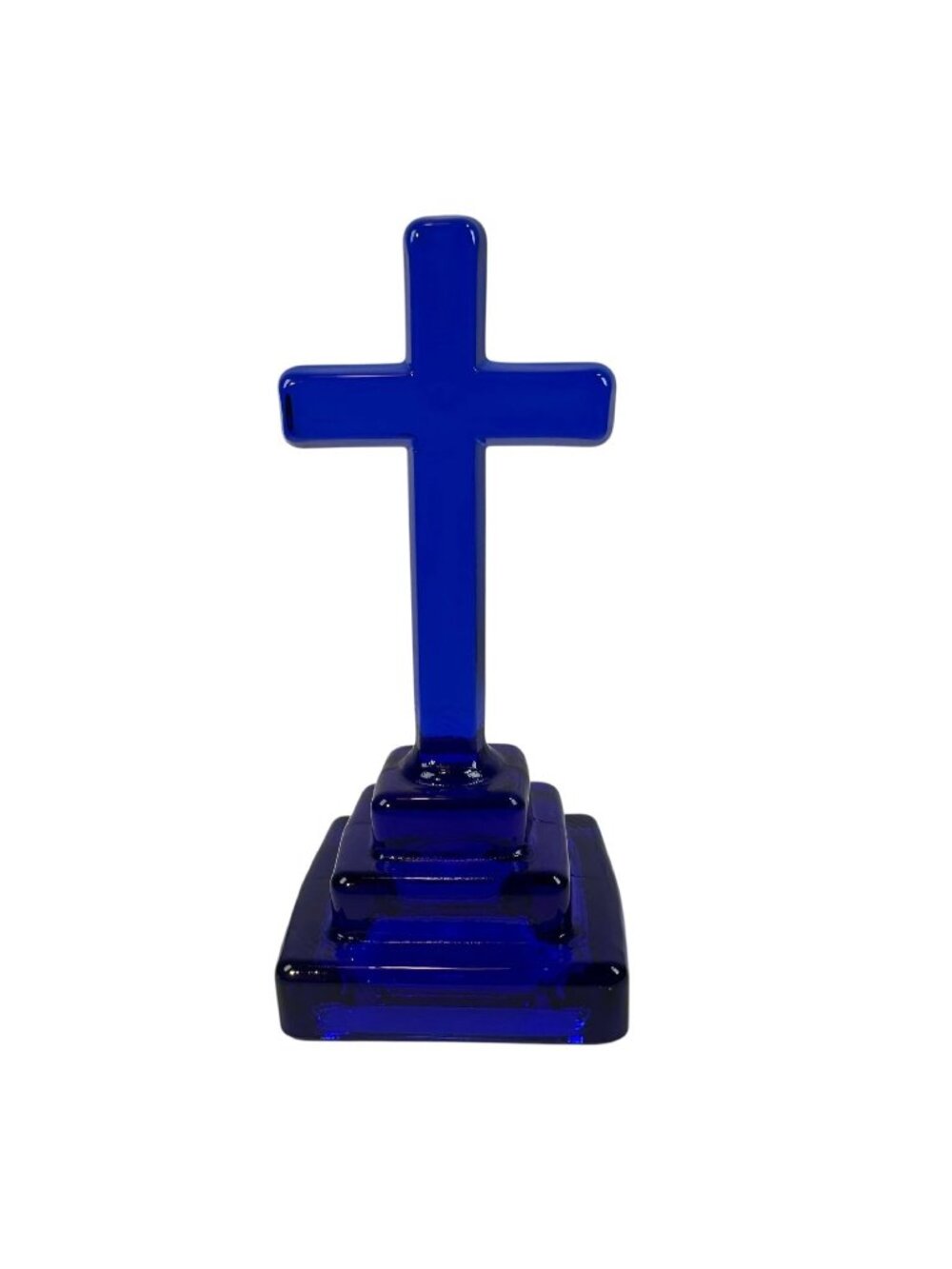 Mosser Cobalt Blue Glass Cross Figurine On Tiered Base 4.5" Religious Decor Chri